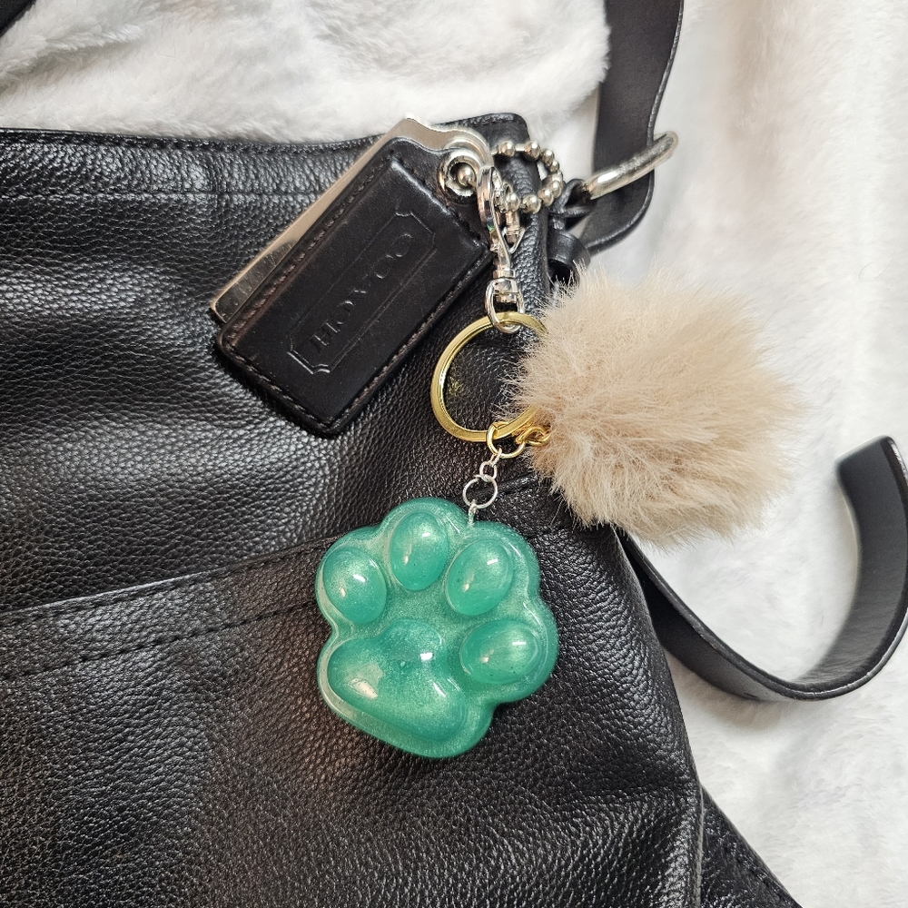 Handmade Beautiful Beacon Resin Green Paw with Tan Fluff Purse Charm Key Chain